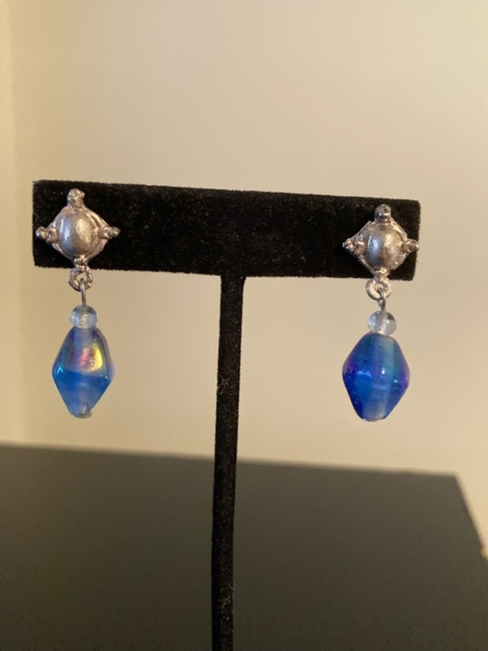 Handmade Blue Glass Drop Earrings - Silver Tone